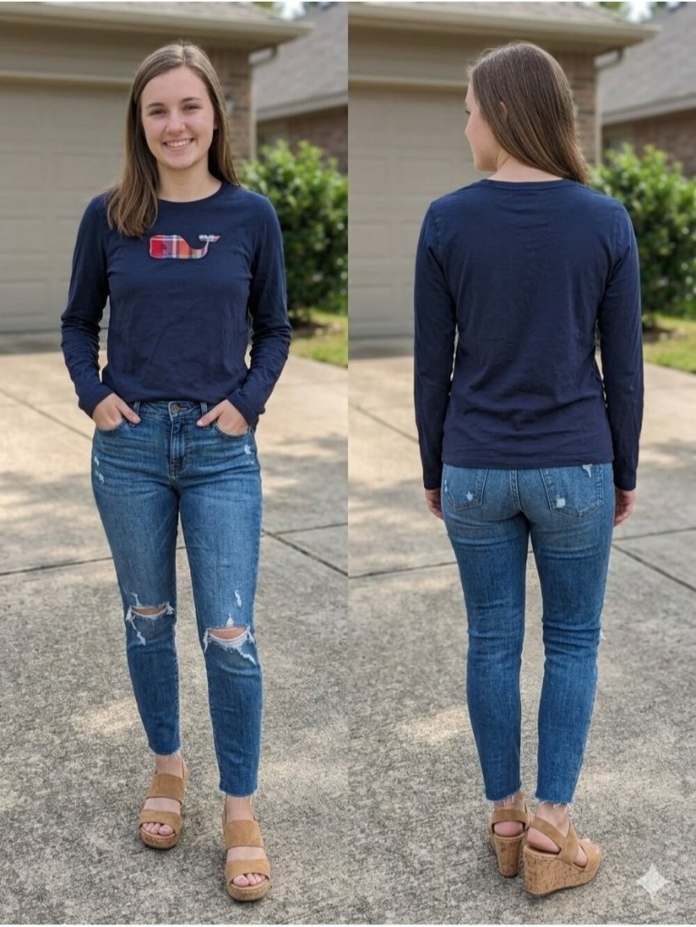 Vineyard Vines Shirt Womens Small Navy Blue Long Sleeve Plaid Whale Graphic Tee
